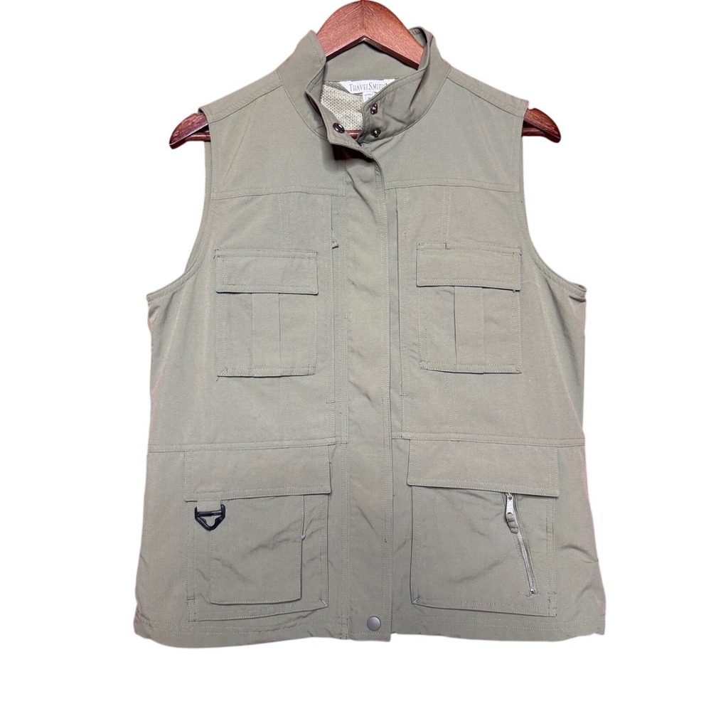 TravelSmith Utility Vest Women Medium Sage Green Safari Multi-Pocket 70214